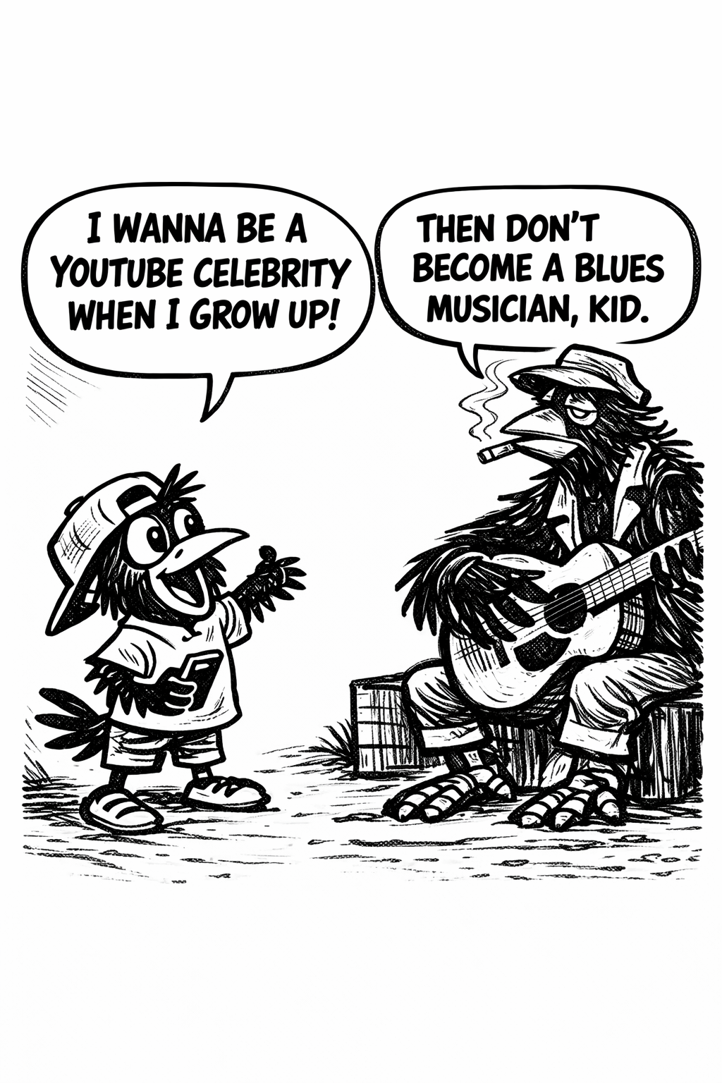 crow joe in the age of ai comic - crow joe the blues playing crow has career advice for kid crow, the young crow with smartphone in hand.  kid crow says 'i want to be a youtube celebrity when i grow up!' crow joe responds 'then don't become a blues musician kid.' a surprising number of young people want an influencer career.  blues music is not popular influencer material.